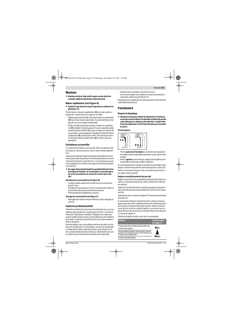 Montare, Funcţionare | Bosch GSH 5 CE Professional User Manual | Page 93 / 136