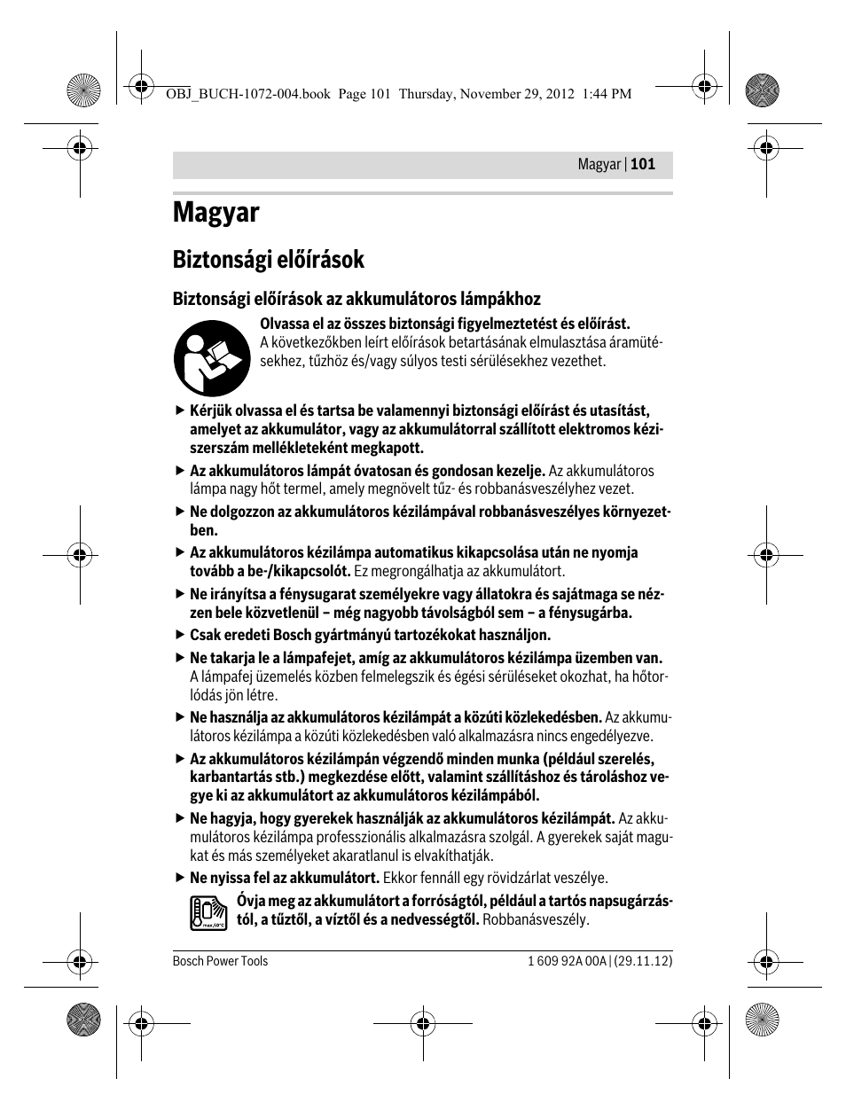 Magyar, Biztonsági előírások | Bosch GLI 10,8 V-LI Professional User Manual | Page 101 / 177