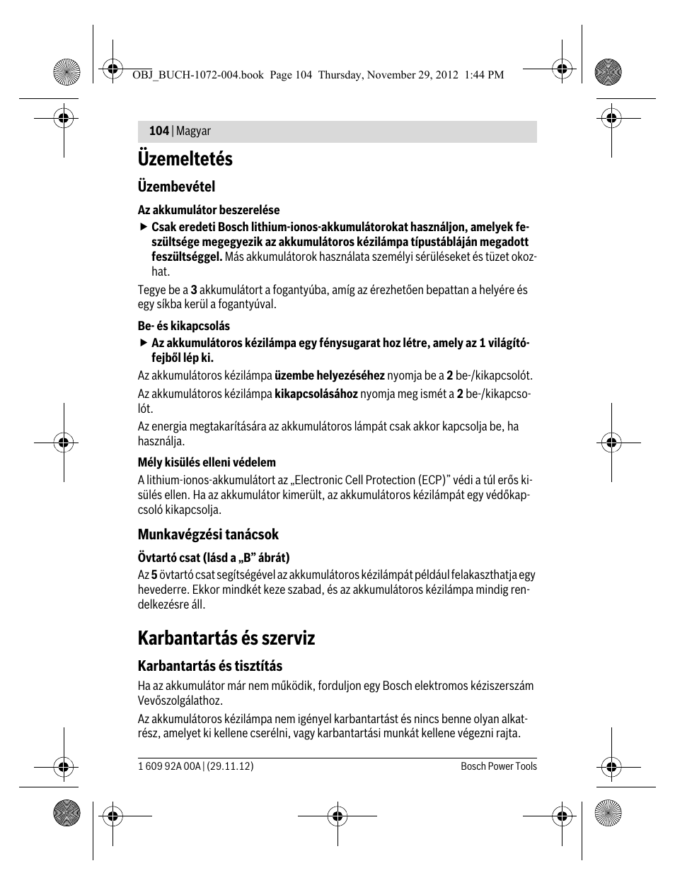 Üzemeltetés, Karbantartás és szerviz | Bosch GLI 10,8 V-LI Professional User Manual | Page 104 / 177