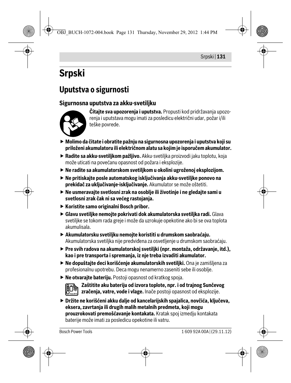 Srpski, Uputstva o sigurnosti | Bosch GLI 10,8 V-LI Professional User Manual | Page 131 / 177
