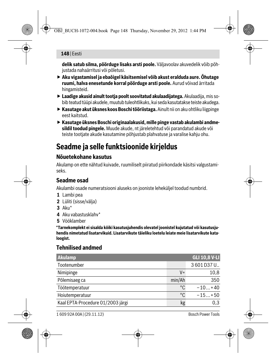 Seadme ja selle funktsioonide kirjeldus | Bosch GLI 10,8 V-LI Professional User Manual | Page 148 / 177