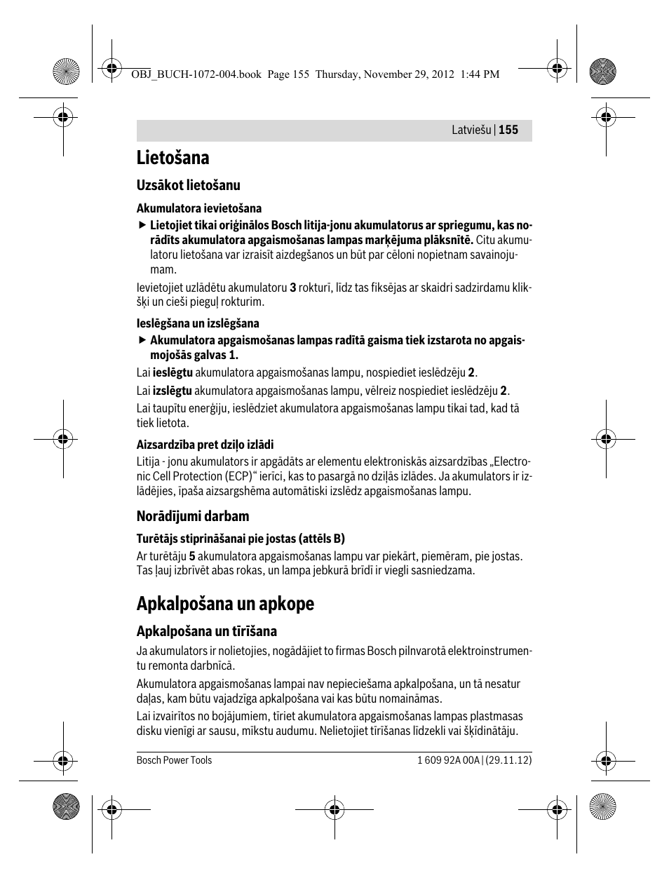 Lietošana, Apkalpošana un apkope | Bosch GLI 10,8 V-LI Professional User Manual | Page 155 / 177