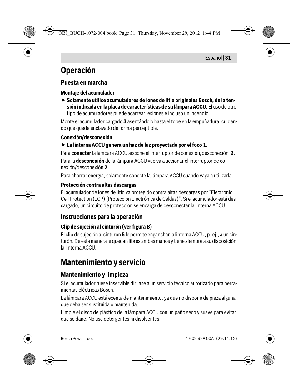 Operación, Mantenimiento y servicio | Bosch GLI 10,8 V-LI Professional User Manual | Page 31 / 177