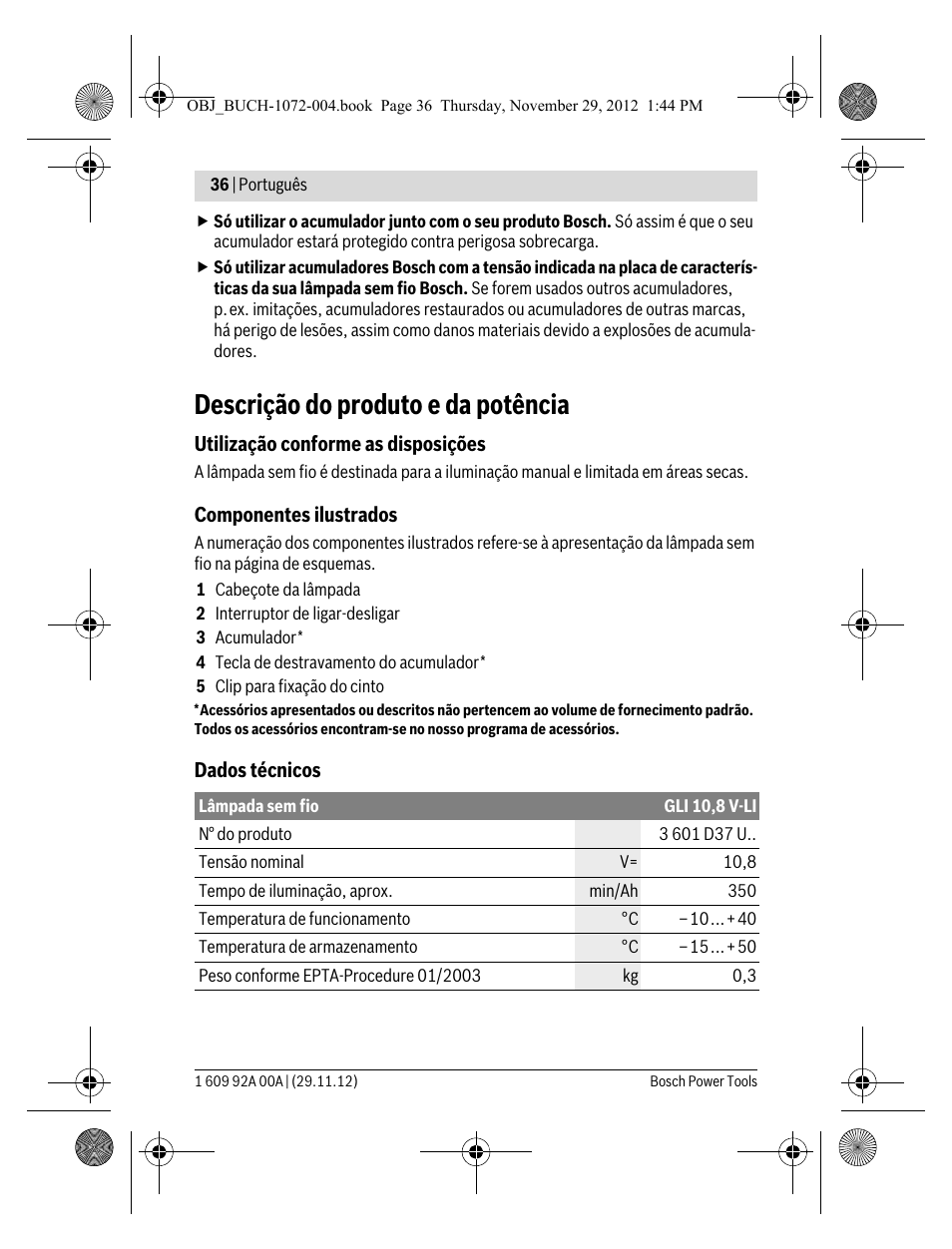 Descrição do produto e da potência | Bosch GLI 10,8 V-LI Professional User Manual | Page 36 / 177