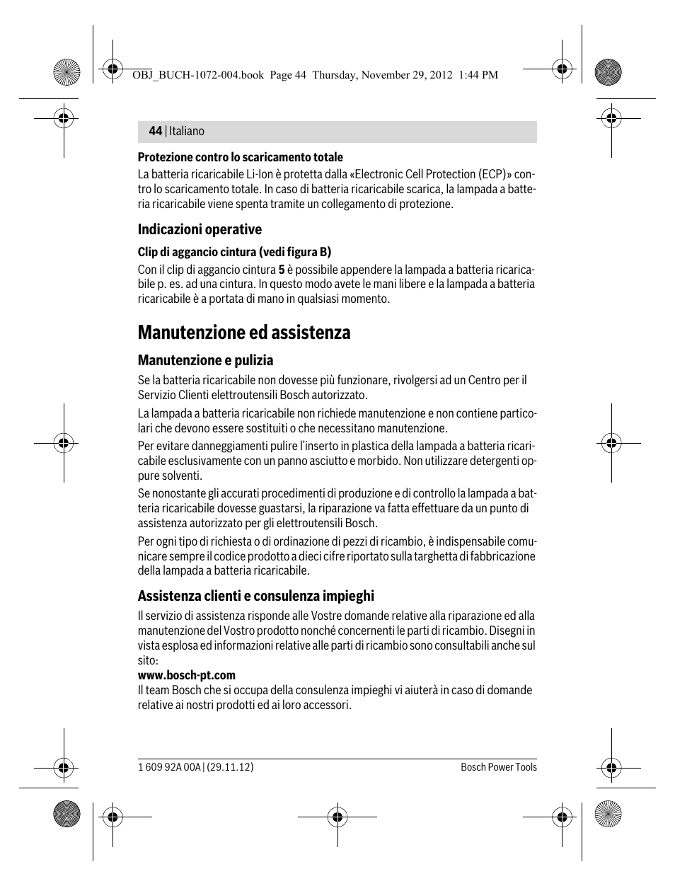 Manutenzione ed assistenza | Bosch GLI 10,8 V-LI Professional User Manual | Page 44 / 177