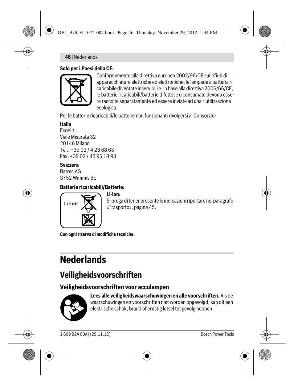 Nederlands, Veiligheidsvoorschriften | Bosch GLI 10,8 V-LI Professional User Manual | Page 46 / 177
