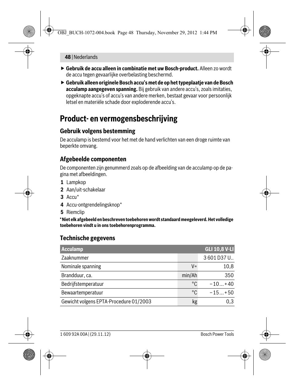 Product- en vermogensbeschrijving | Bosch GLI 10,8 V-LI Professional User Manual | Page 48 / 177