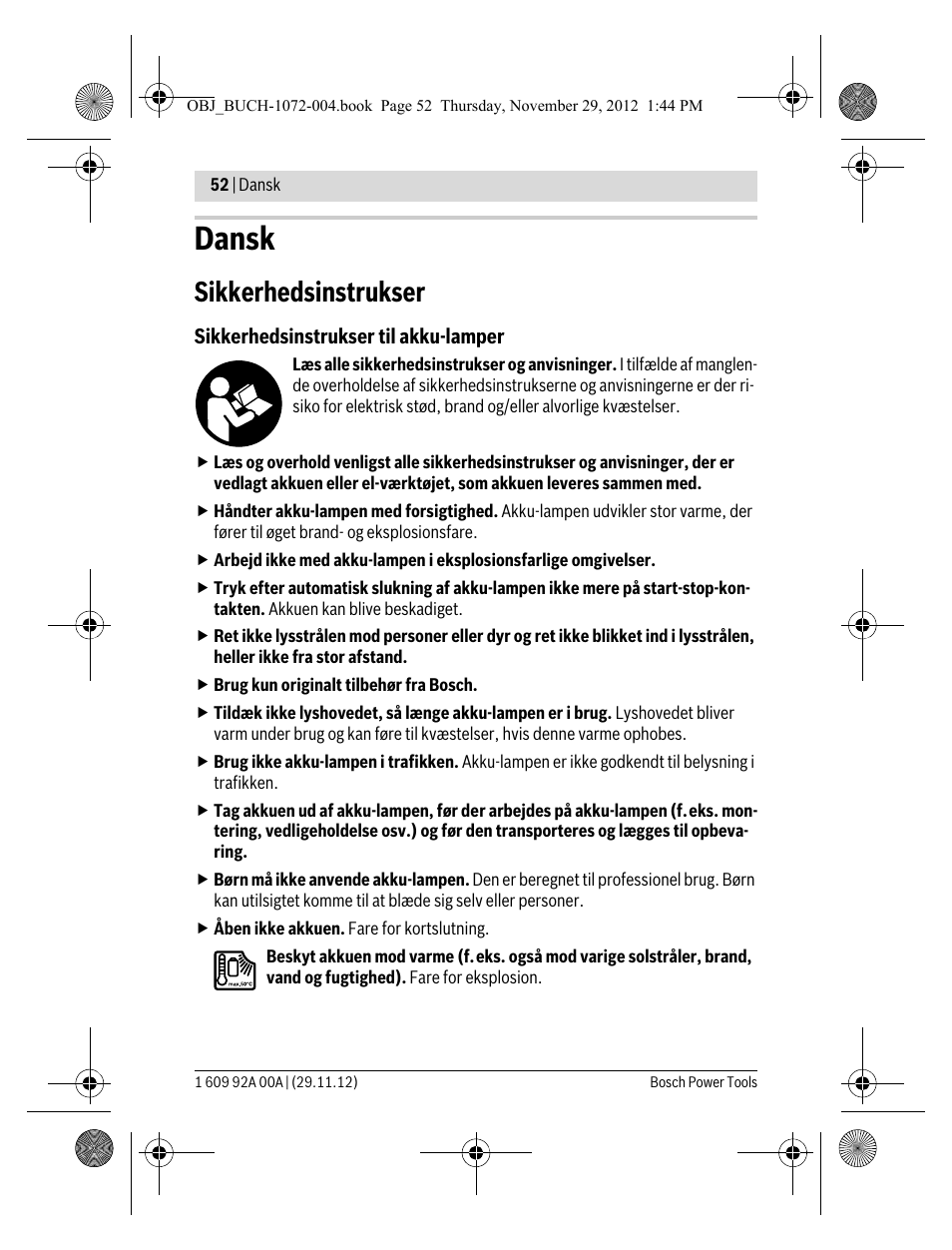 Dansk, Sikkerhedsinstrukser | Bosch GLI 10,8 V-LI Professional User Manual | Page 52 / 177