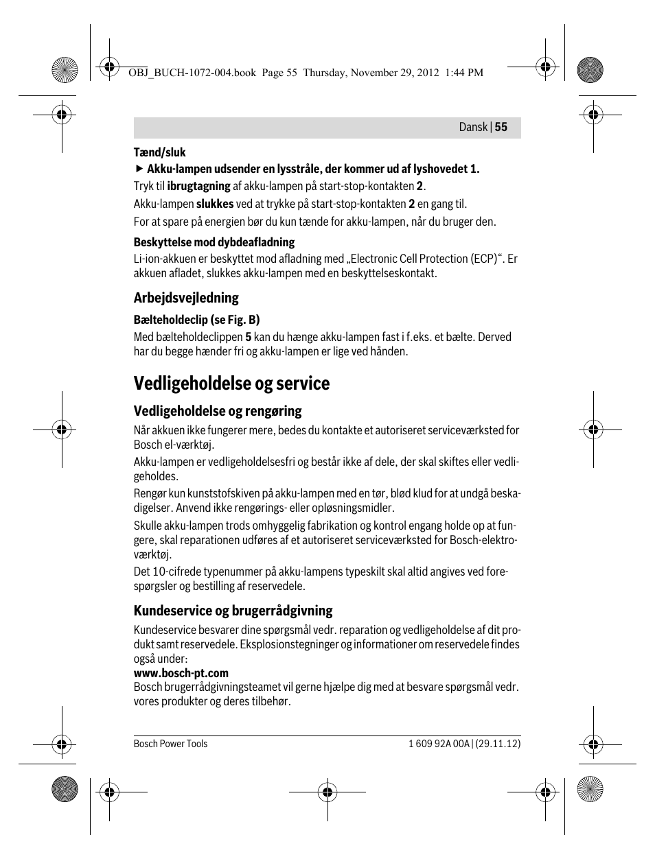 Vedligeholdelse og service | Bosch GLI 10,8 V-LI Professional User Manual | Page 55 / 177