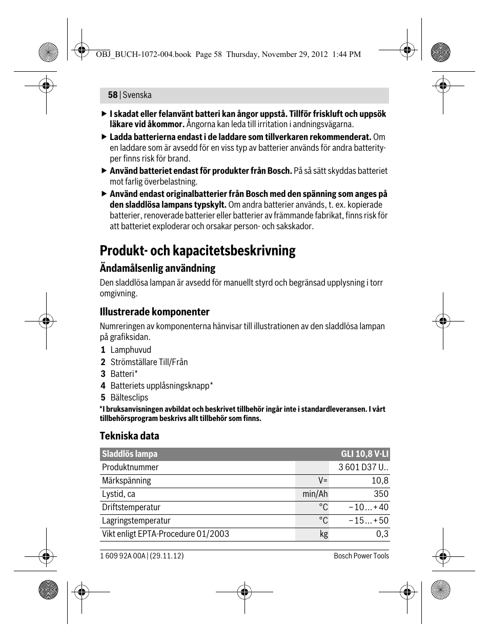 Produkt- och kapacitetsbeskrivning | Bosch GLI 10,8 V-LI Professional User Manual | Page 58 / 177