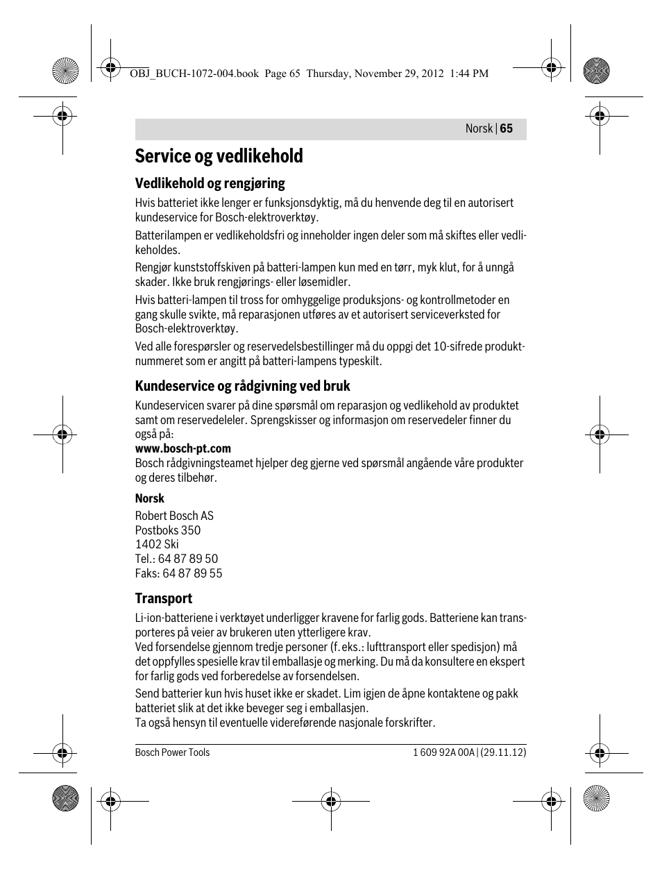 Service og vedlikehold | Bosch GLI 10,8 V-LI Professional User Manual | Page 65 / 177