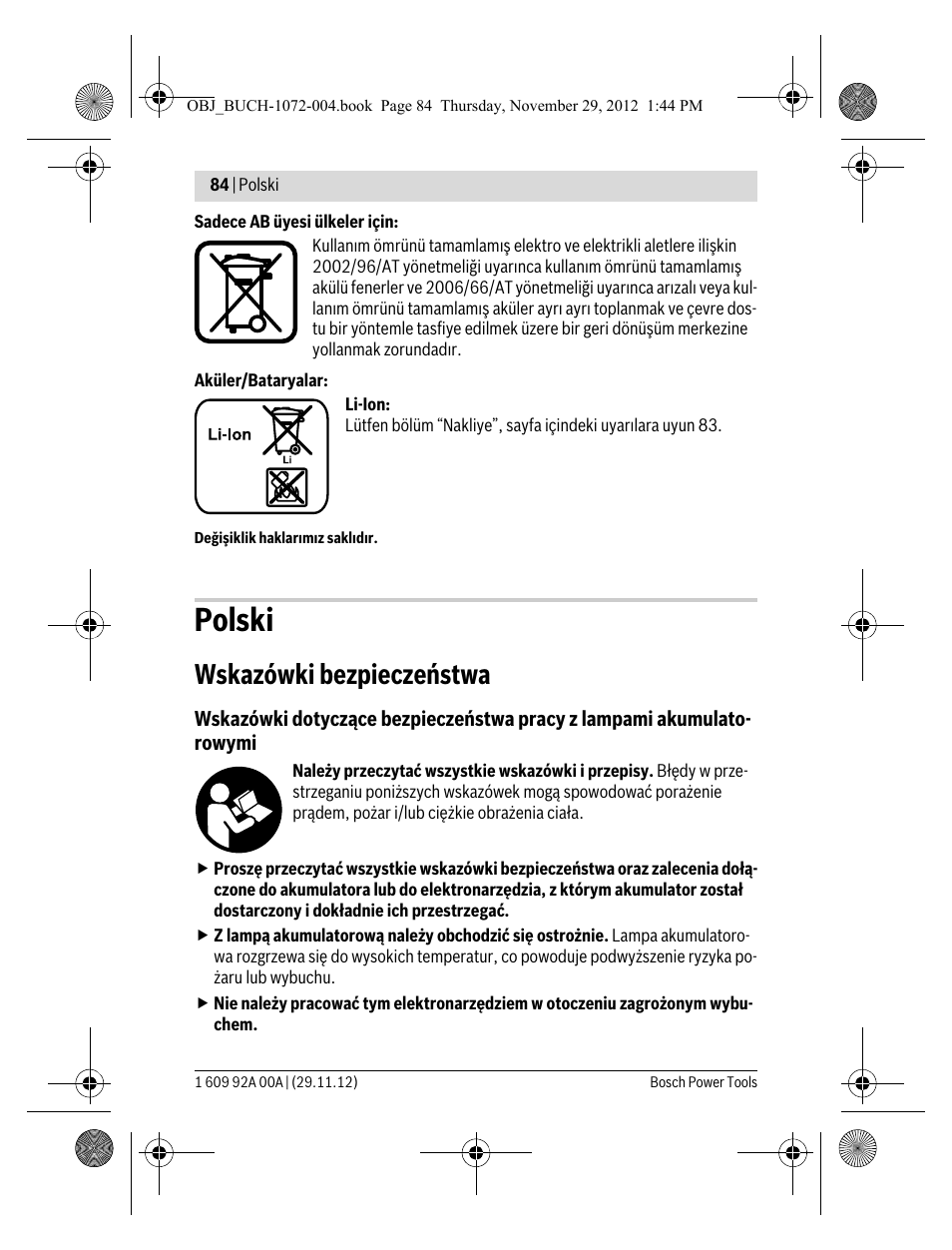Polski, Wskazówki bezpieczeństwa | Bosch GLI 10,8 V-LI Professional User Manual | Page 84 / 177