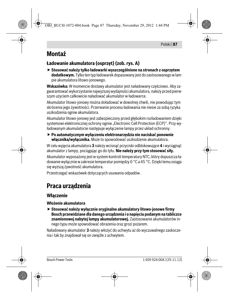 Montaż, Praca urządzenia | Bosch GLI 10,8 V-LI Professional User Manual | Page 87 / 177