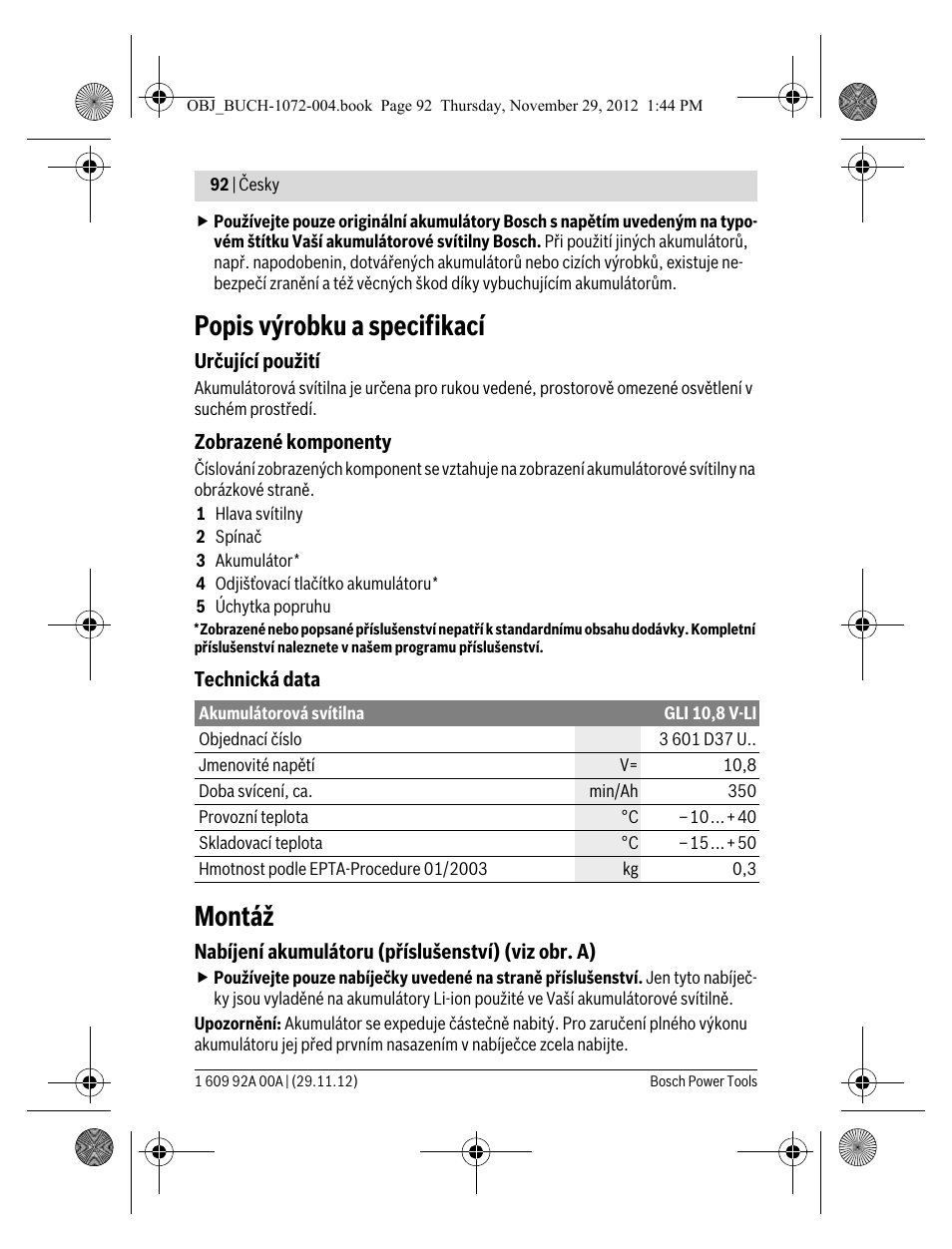 Popis výrobku a specifikací, Montáž | Bosch GLI 10,8 V-LI Professional User Manual | Page 92 / 177