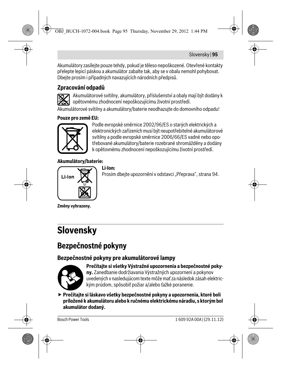 Slovensky, Bezpečnostné pokyny | Bosch GLI 10,8 V-LI Professional User Manual | Page 95 / 177