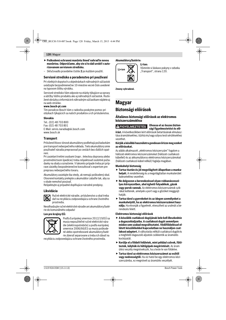 Magyar, Biztonsági előírások | Bosch GBH 36 V-LI Compact Professional User Manual | Page 120 / 231