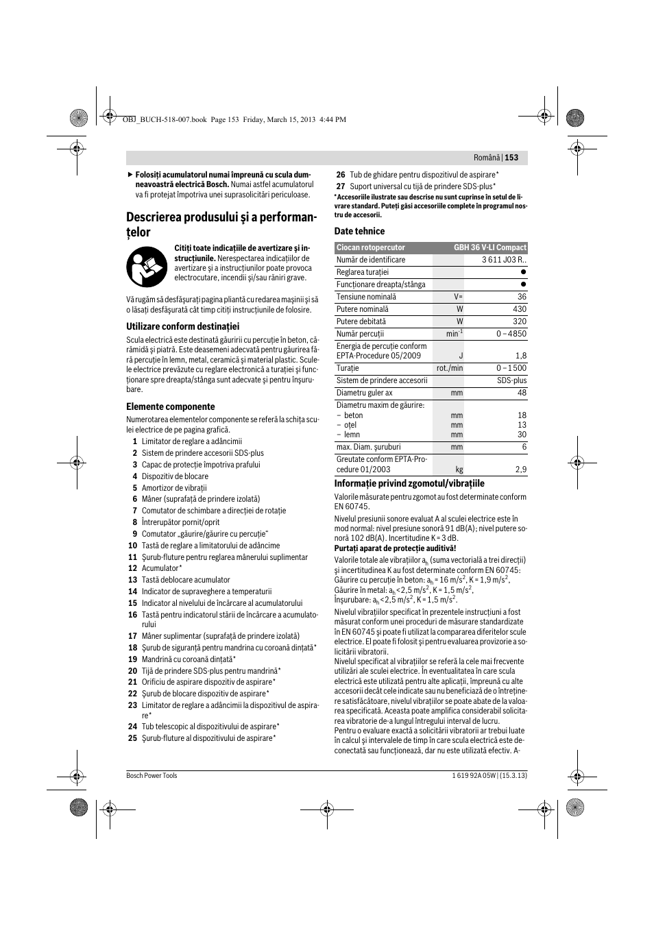Descrierea produsului şi a performan- ţelor | Bosch GBH 36 V-LI Compact Professional User Manual | Page 153 / 231