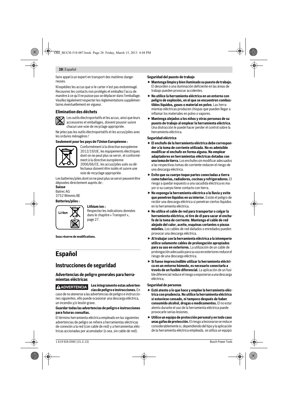 Español, Instrucciones de seguridad | Bosch GBH 36 V-LI Compact Professional User Manual | Page 28 / 231
