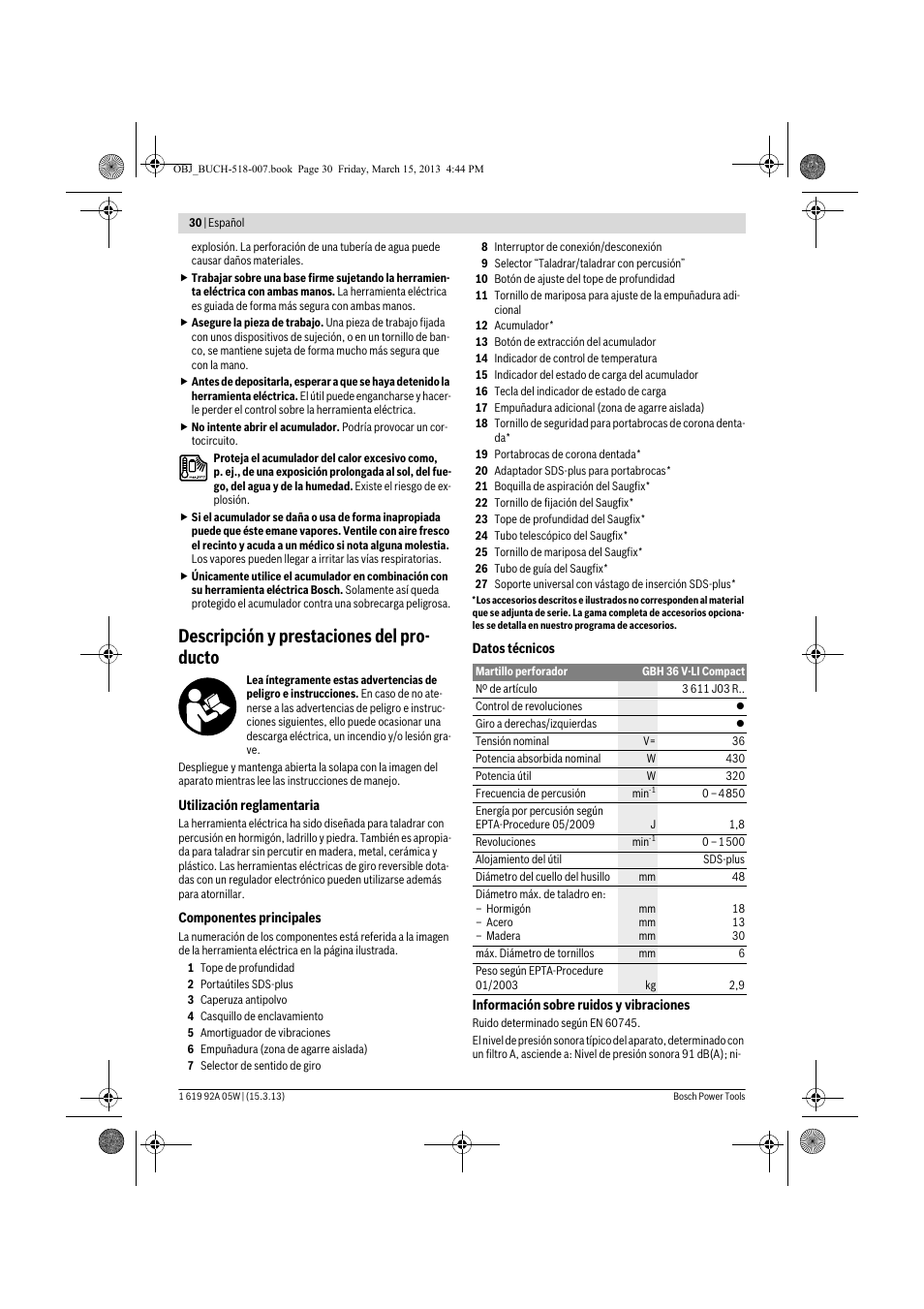 Descripción y prestaciones del pro- ducto | Bosch GBH 36 V-LI Compact Professional User Manual | Page 30 / 231