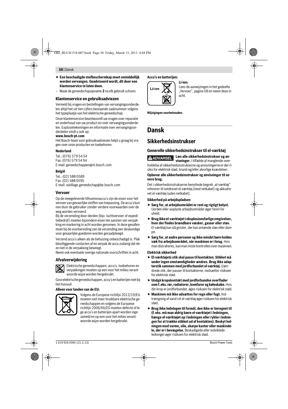 Dansk, Sikkerhedsinstrukser | Bosch GBH 36 V-LI Compact Professional User Manual | Page 58 / 231