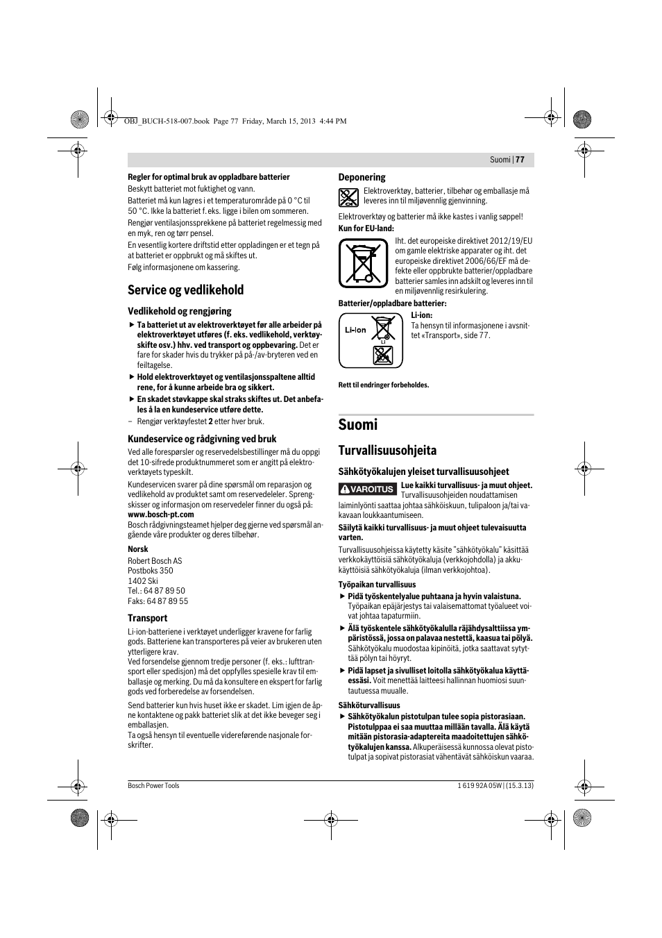 Suomi, Service og vedlikehold, Turvallisuusohjeita | Bosch GBH 36 V-LI Compact Professional User Manual | Page 77 / 231