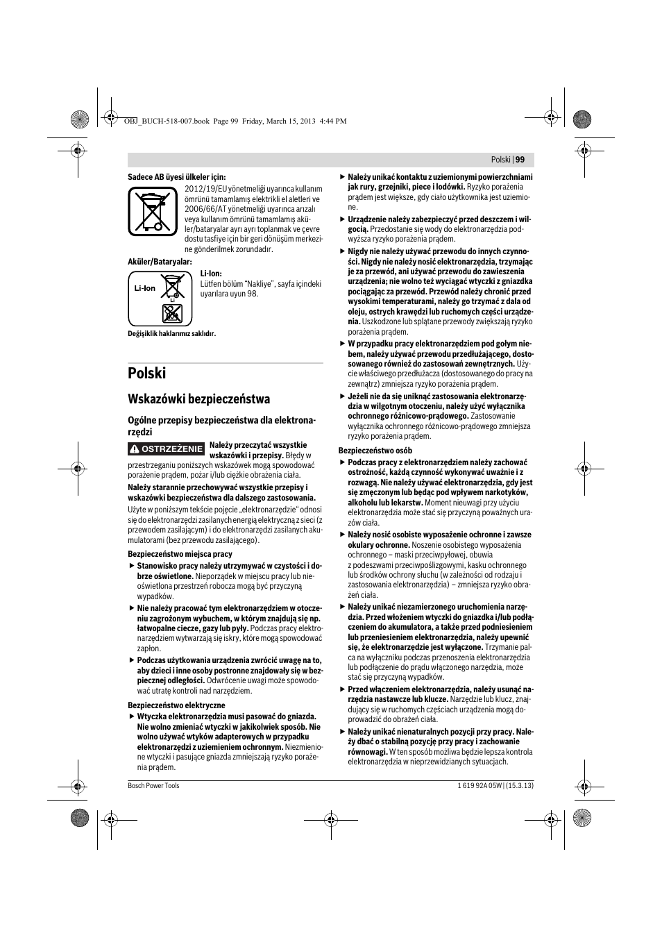 Polski, Wskazówki bezpieczeństwa | Bosch GBH 36 V-LI Compact Professional User Manual | Page 99 / 231