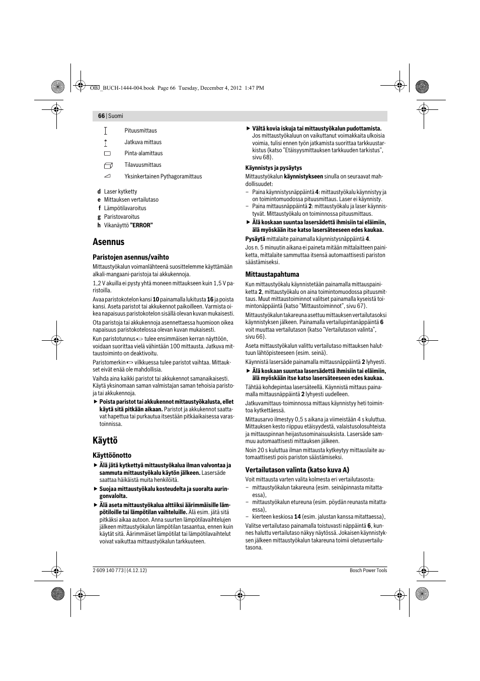 Asennus, Käyttö | Bosch GLM 50 Professional User Manual | Page 66 / 189