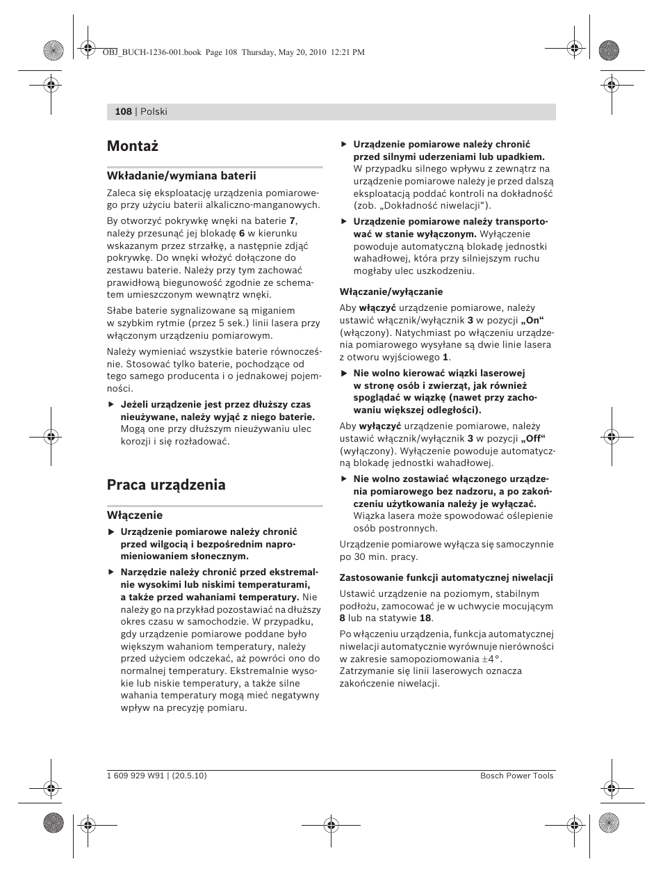 Montaż, Praca urządzenia | Bosch GLL 2 Professional User Manual | Page 108 / 217