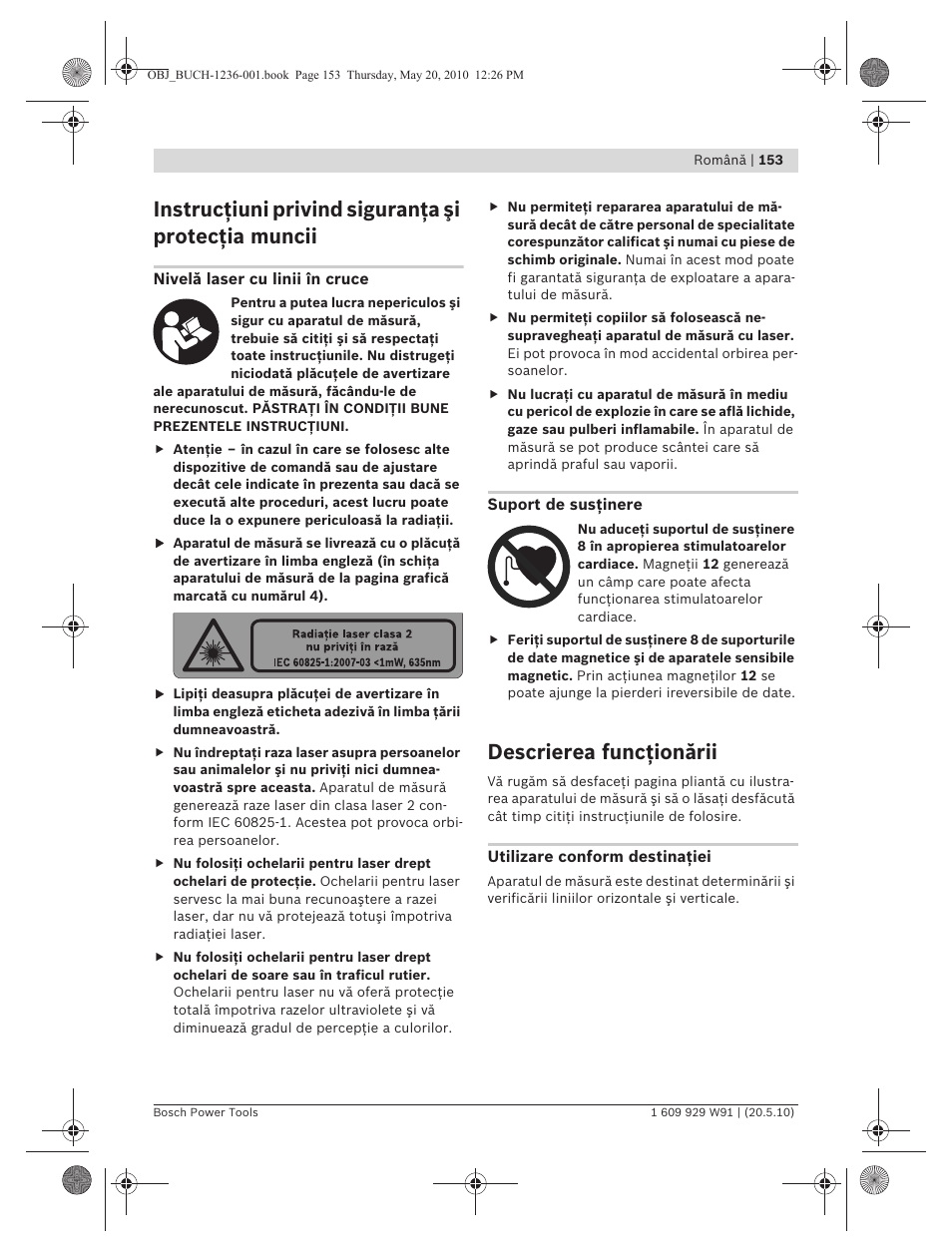 Instrucţiuni privind siguranţa şi protecţia muncii, Descrierea funcţionării | Bosch GLL 2 Professional User Manual | Page 153 / 217