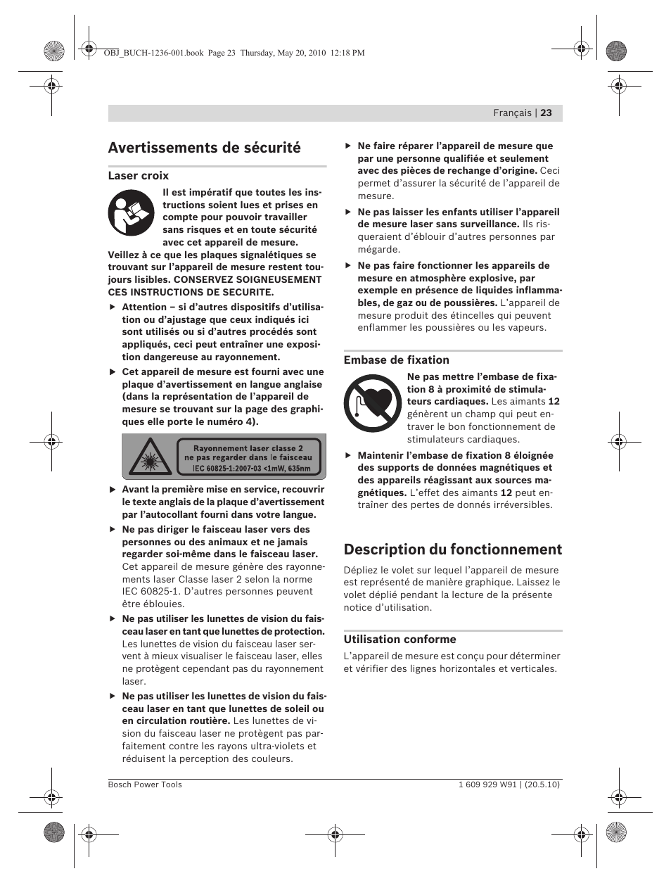 Avertissements de sécurité, Description du fonctionnement | Bosch GLL 2 Professional User Manual | Page 23 / 217