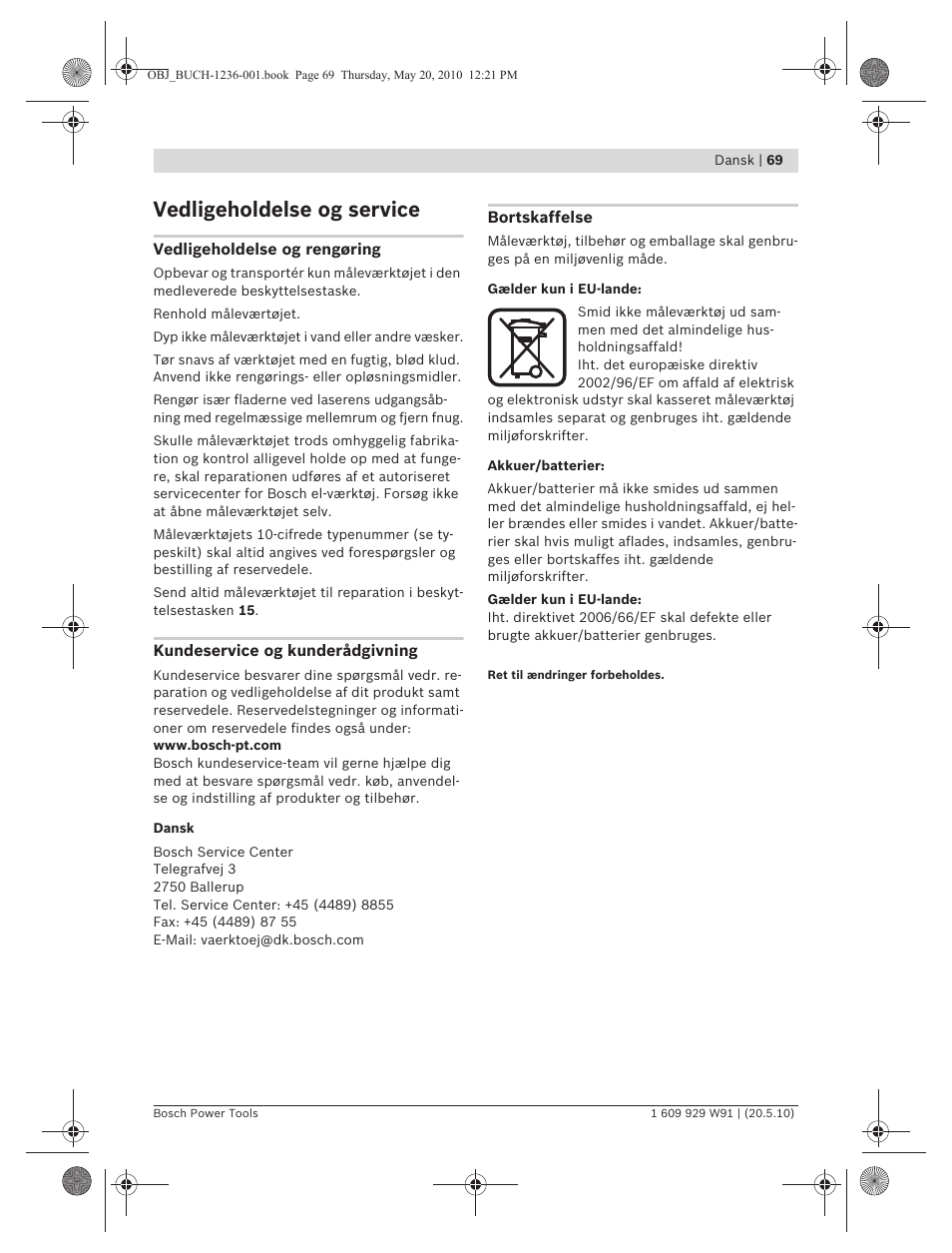 Vedligeholdelse og service | Bosch GLL 2 Professional User Manual | Page 69 / 217