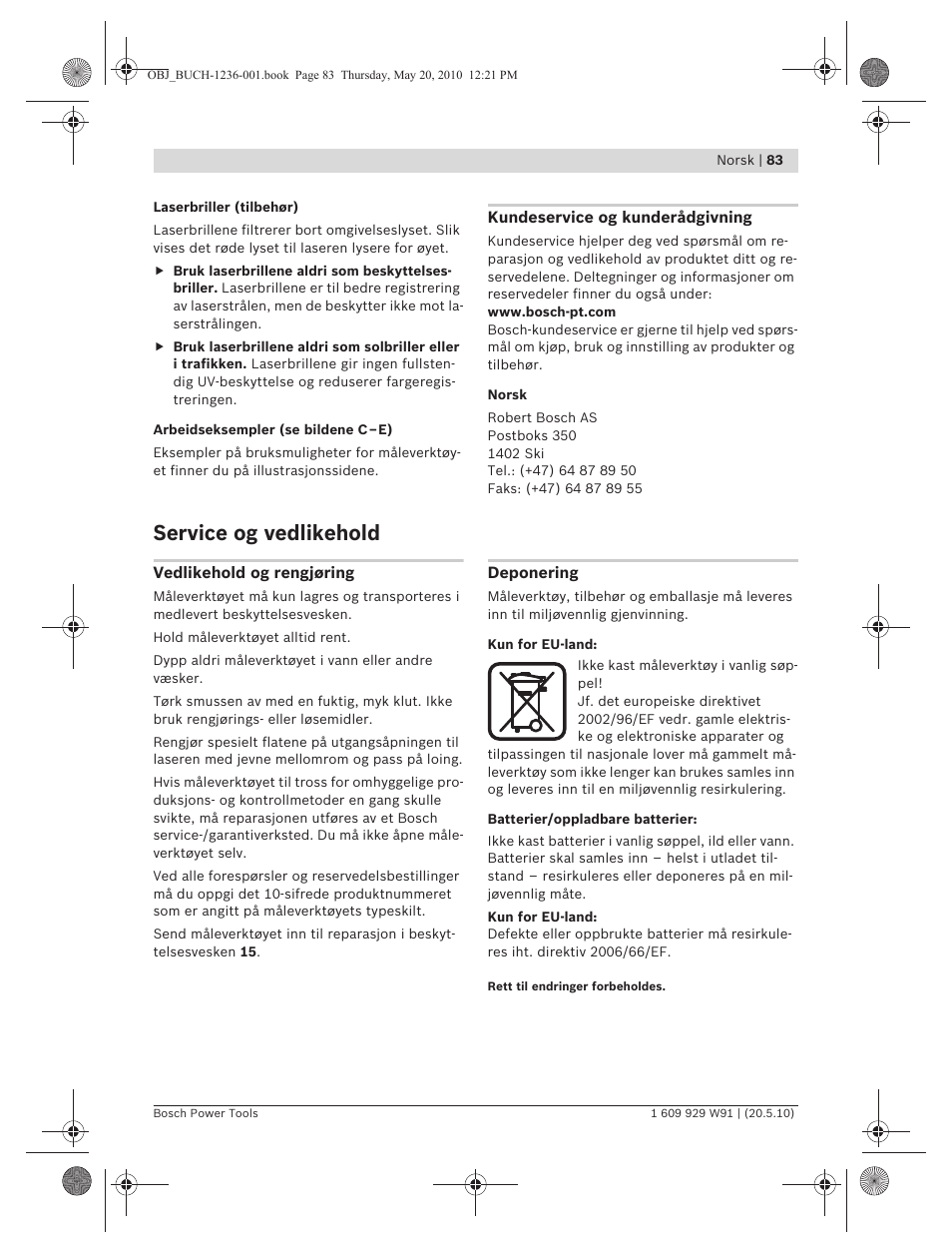 Service og vedlikehold | Bosch GLL 2 Professional User Manual | Page 83 / 217