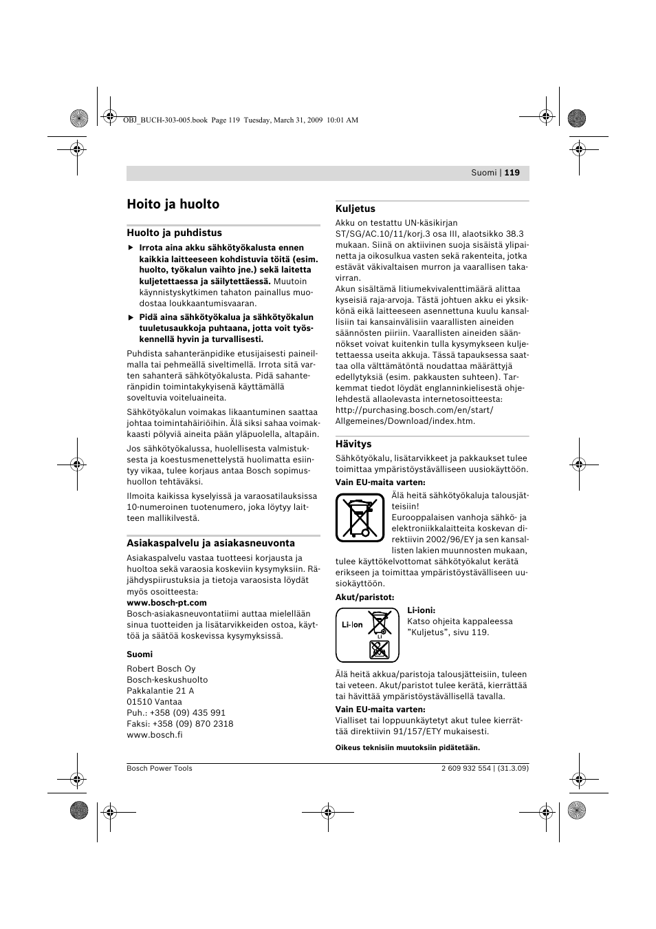 Hoito ja huolto | Bosch GSA 36 V-LI Professional User Manual | Page 119 / 289