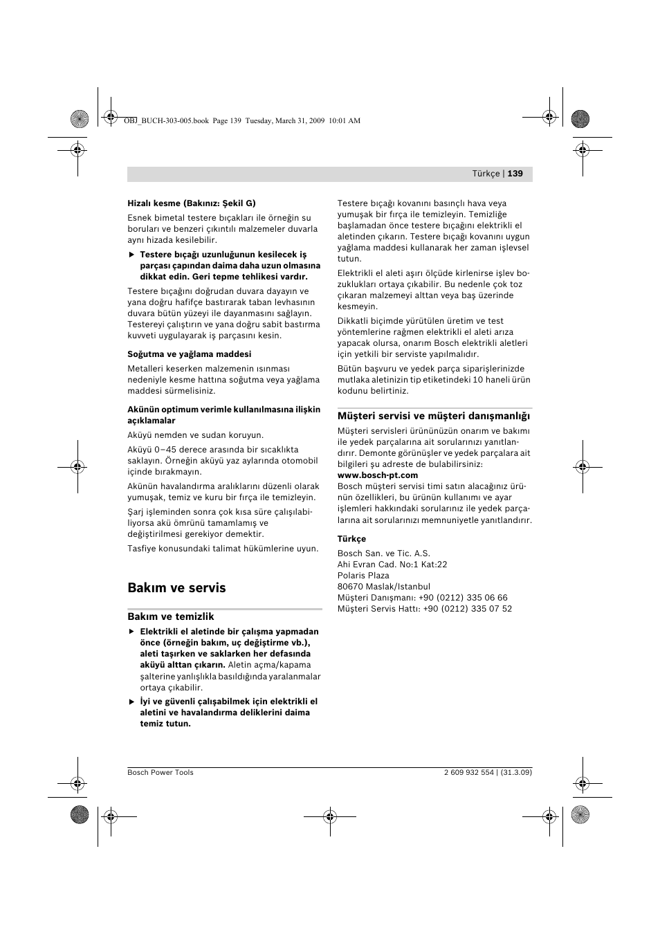 Bak m ve servis | Bosch GSA 36 V-LI Professional User Manual | Page 139 / 289