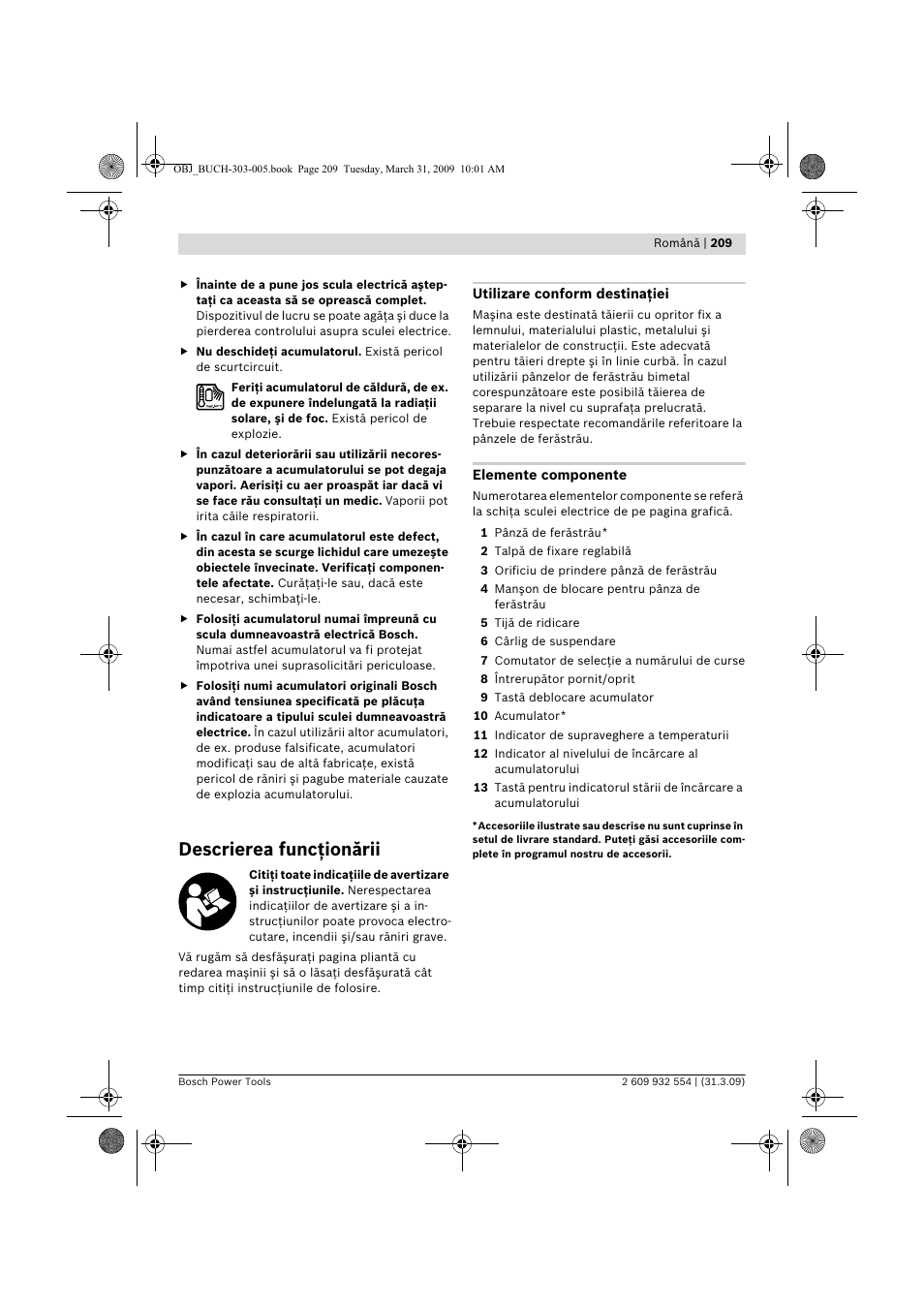 Descrierea funcţionării | Bosch GSA 36 V-LI Professional User Manual | Page 209 / 289