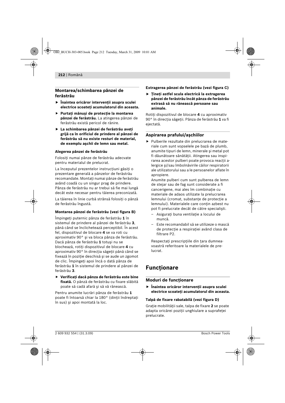 Funcţionare | Bosch GSA 36 V-LI Professional User Manual | Page 212 / 289