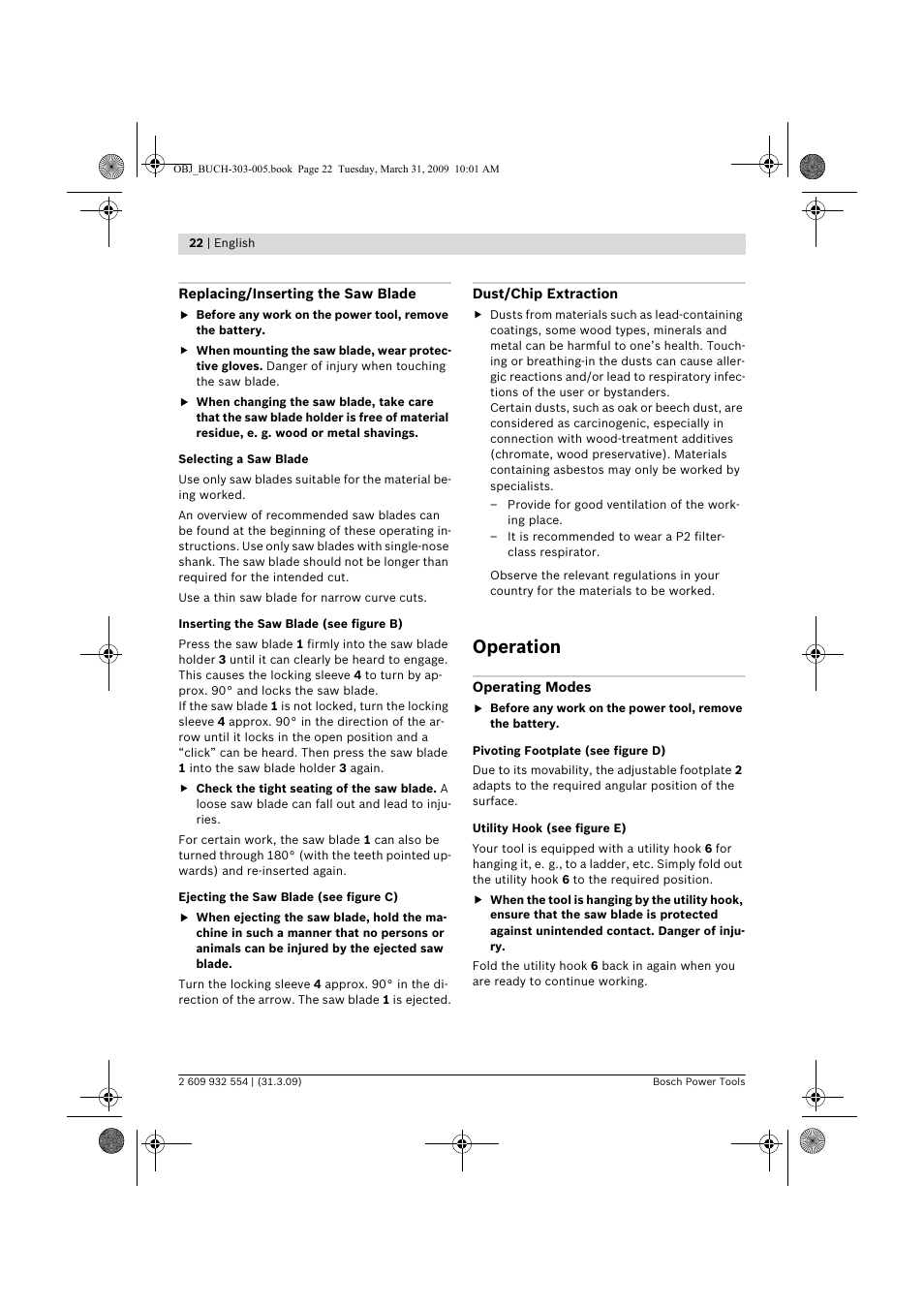 Operation | Bosch GSA 36 V-LI Professional User Manual | Page 22 / 289