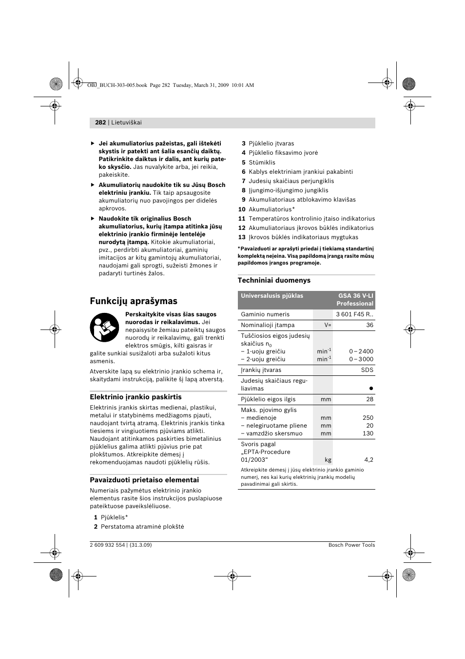 Funkcijų aprašymas | Bosch GSA 36 V-LI Professional User Manual | Page 282 / 289