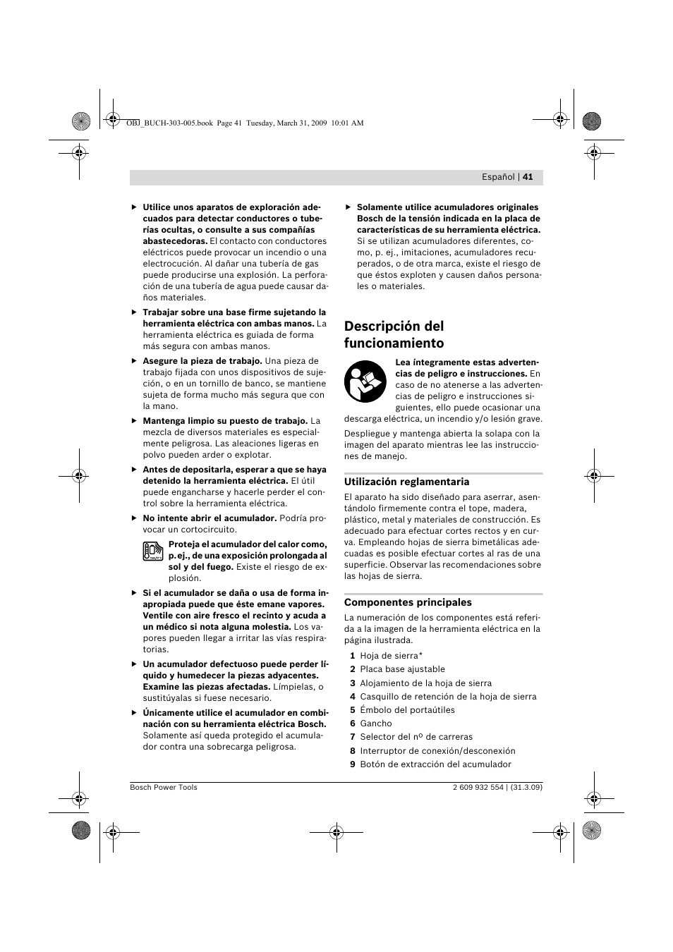 Descripción del funcionamiento | Bosch GSA 36 V-LI Professional User Manual | Page 41 / 289