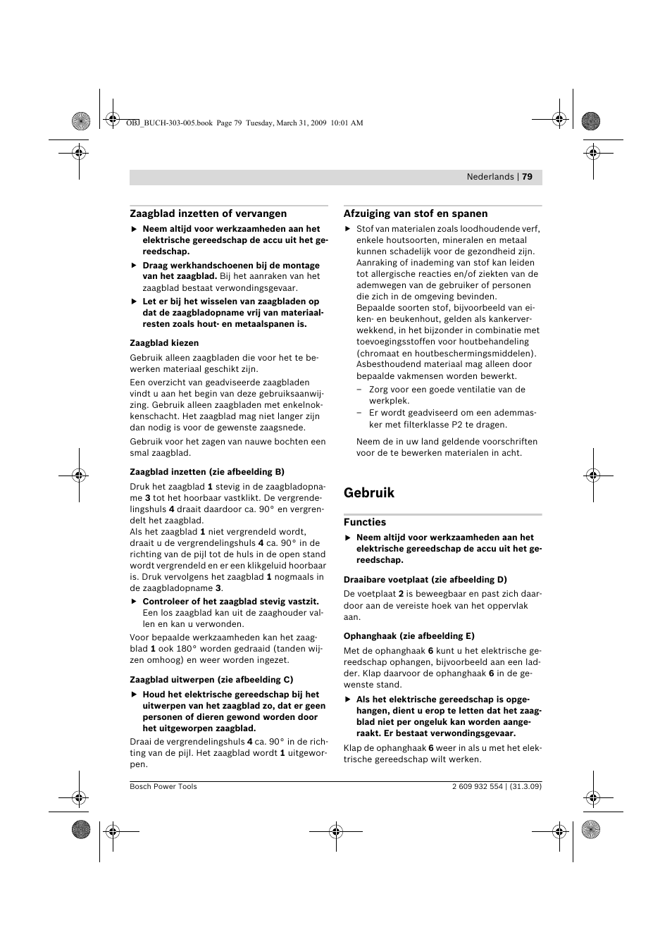 Gebruik | Bosch GSA 36 V-LI Professional User Manual | Page 79 / 289