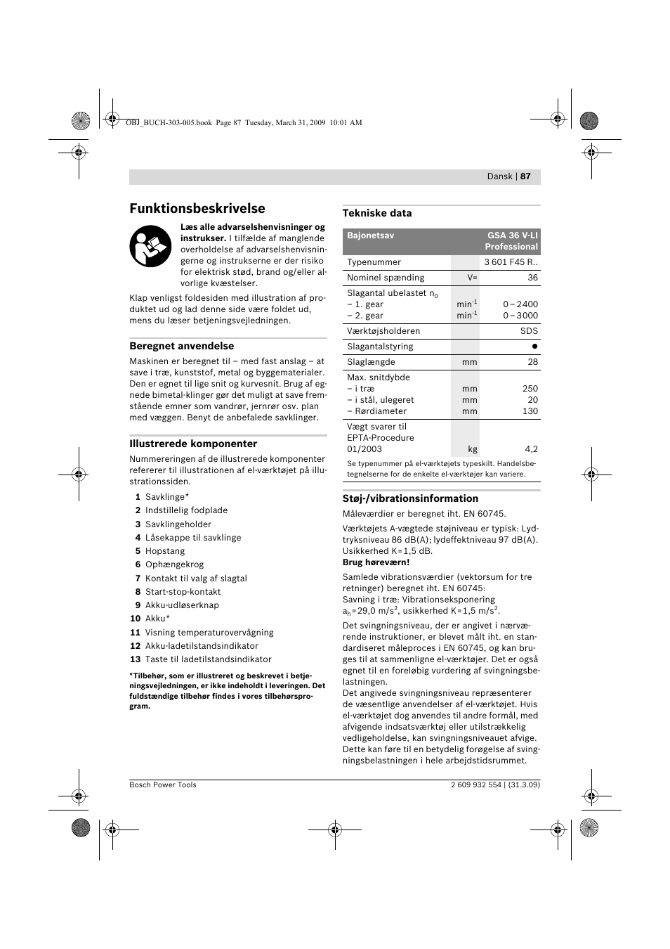 Funktionsbeskrivelse | Bosch GSA 36 V-LI Professional User Manual | Page 87 / 289