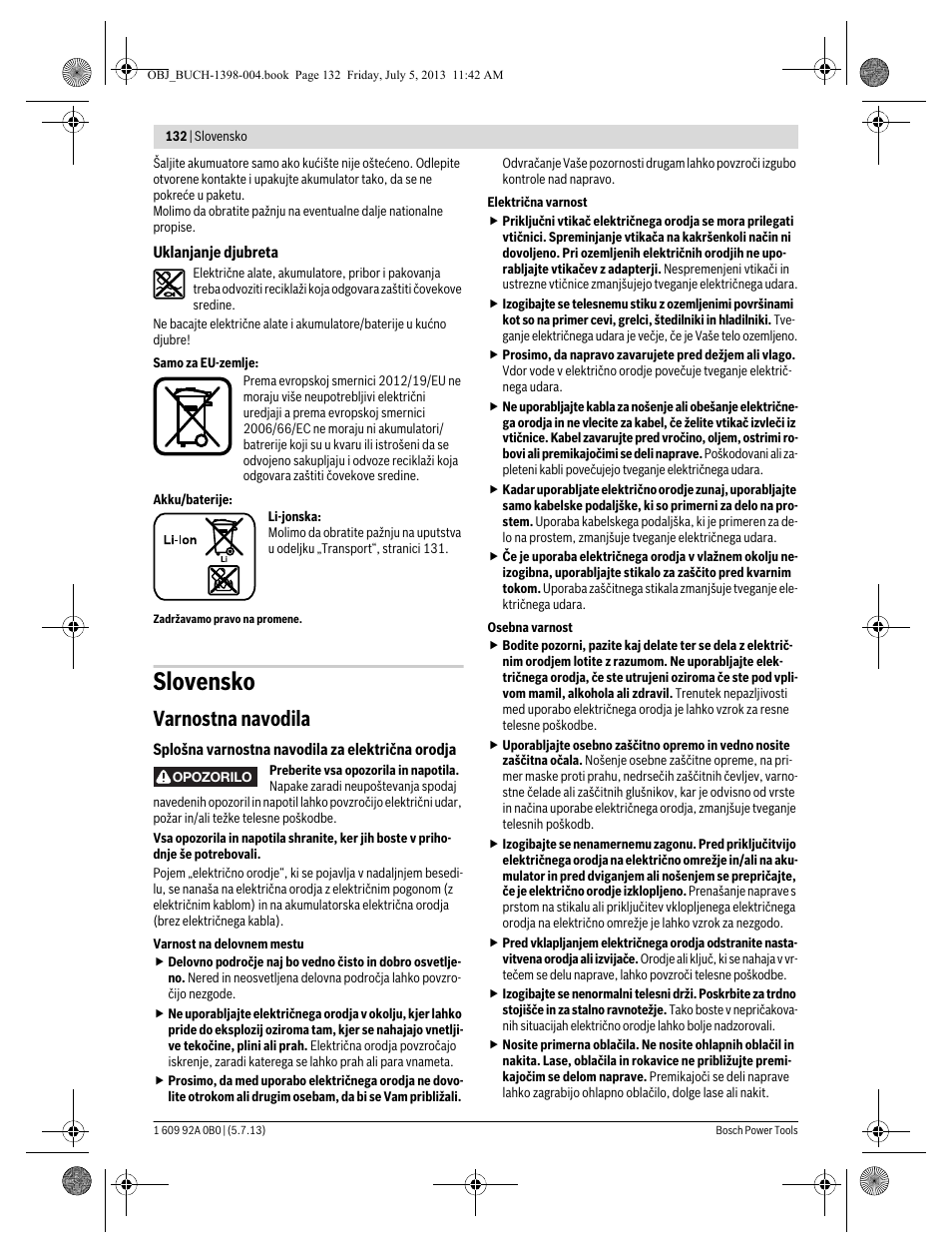 Slovensko, Varnostna navodila | Bosch GCB 18 V-LI Professional User Manual | Page 132 / 168