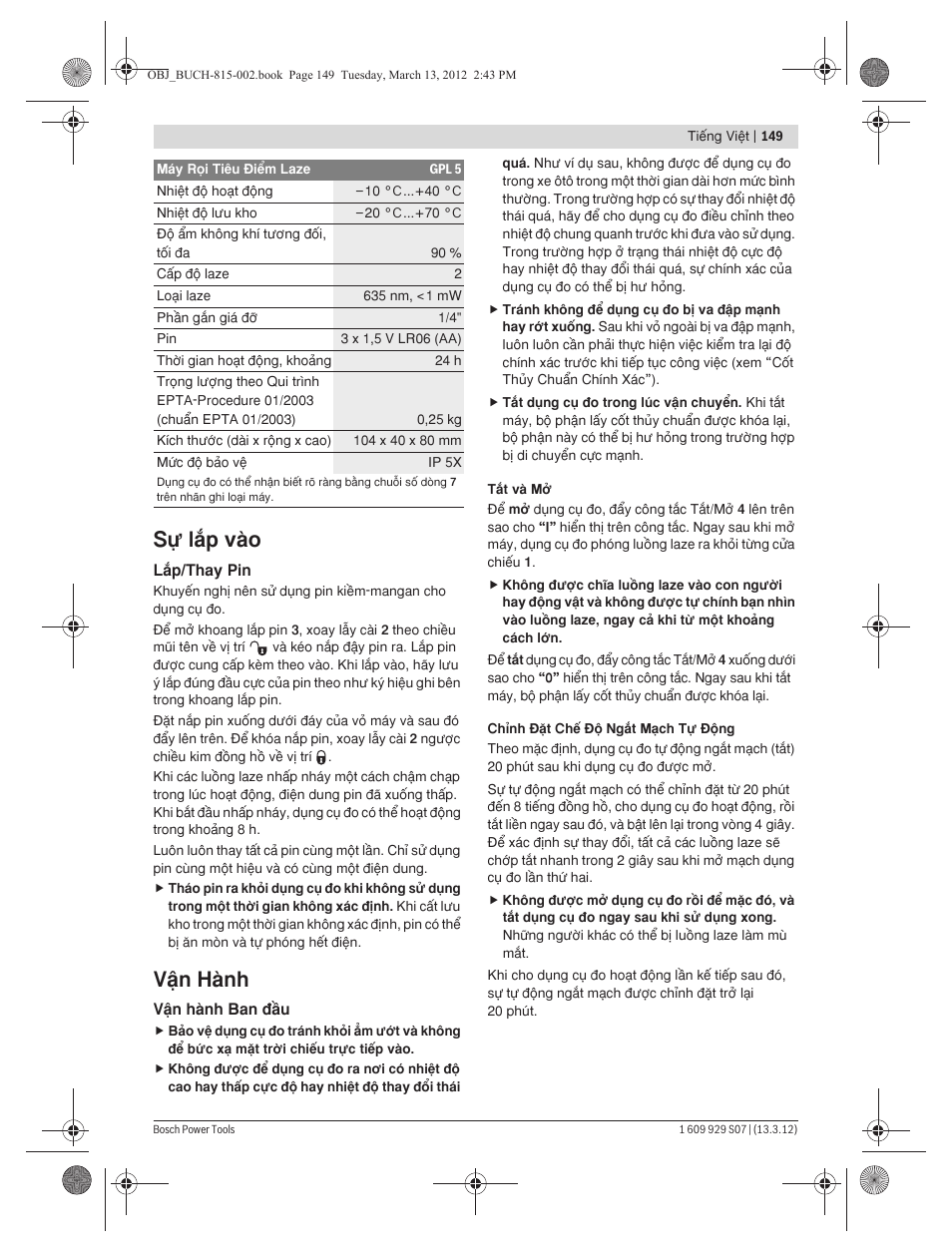 Sú läp vμo, Vÿn hμnh | Bosch GPL 5 Professional User Manual | Page 149 / 162
