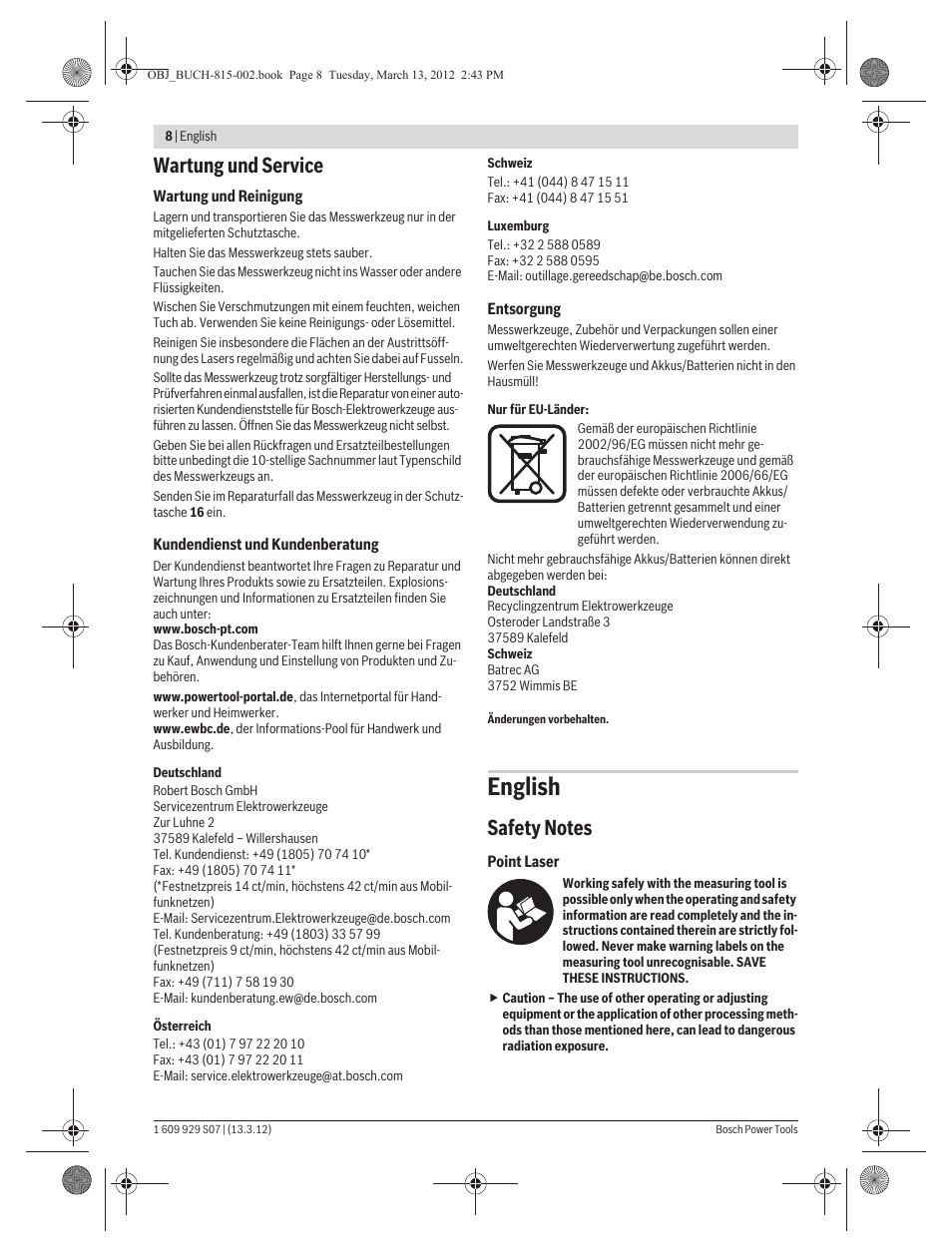 English, Wartung und service | Bosch GPL 5 Professional User Manual | Page 8 / 162