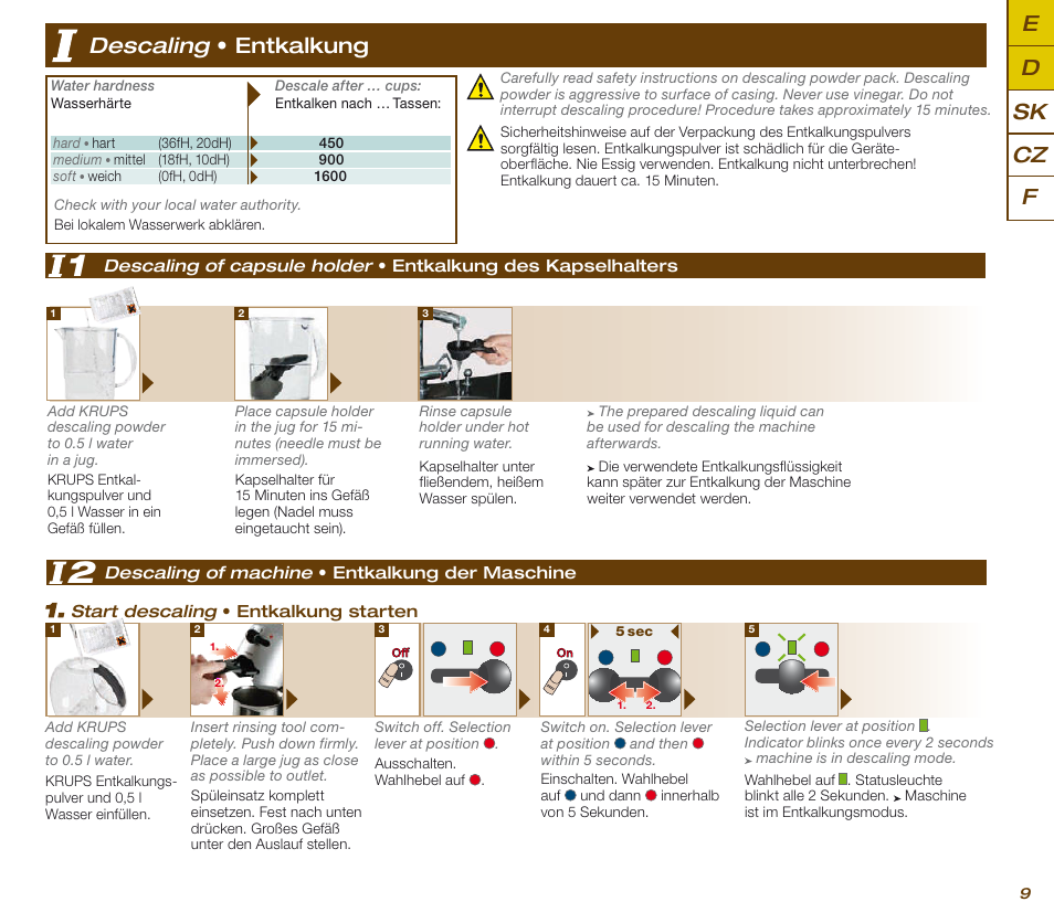 Ed sk f cz descaling • entkalkung | Krups KP 200620 NESCAFE DOLCE GUSTO User Manual | Page 11 / 44