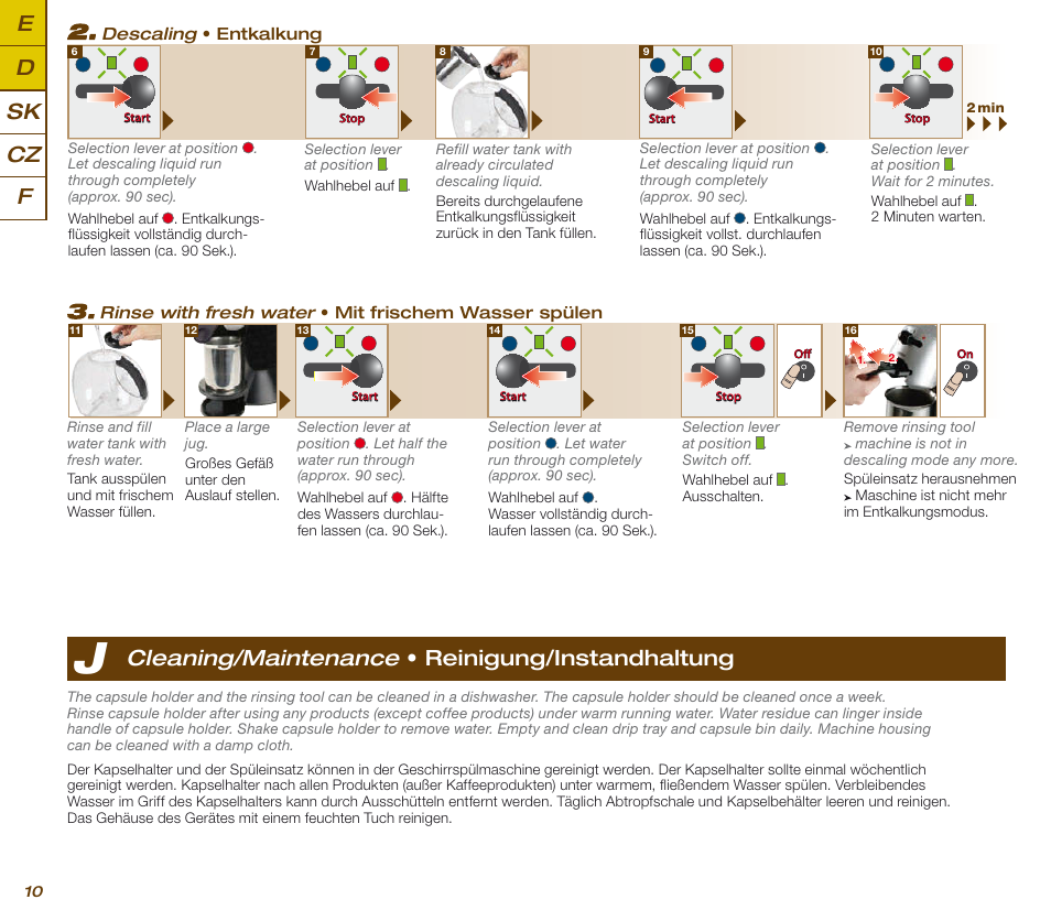 Cz e d sk f, Cleaning/maintenance • reinigung/instandhaltung | Krups KP 200620 NESCAFE DOLCE GUSTO User Manual | Page 12 / 44