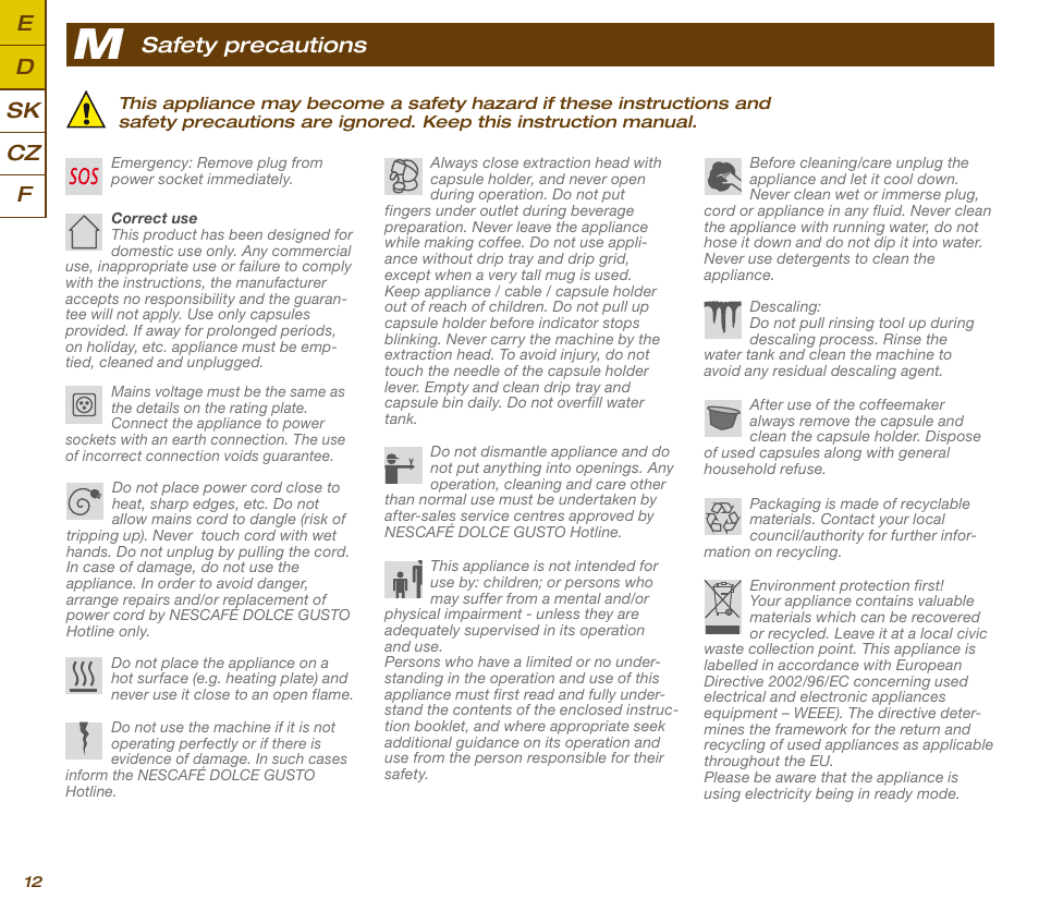 Cz e d sk f, Safety precautions | Krups KP 200620 NESCAFE DOLCE GUSTO User Manual | Page 14 / 44