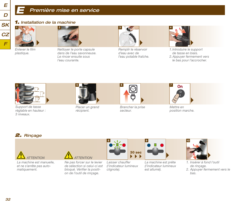 Cz e d sk f première mise en service | Krups KP 200620 NESCAFE DOLCE GUSTO User Manual | Page 34 / 44