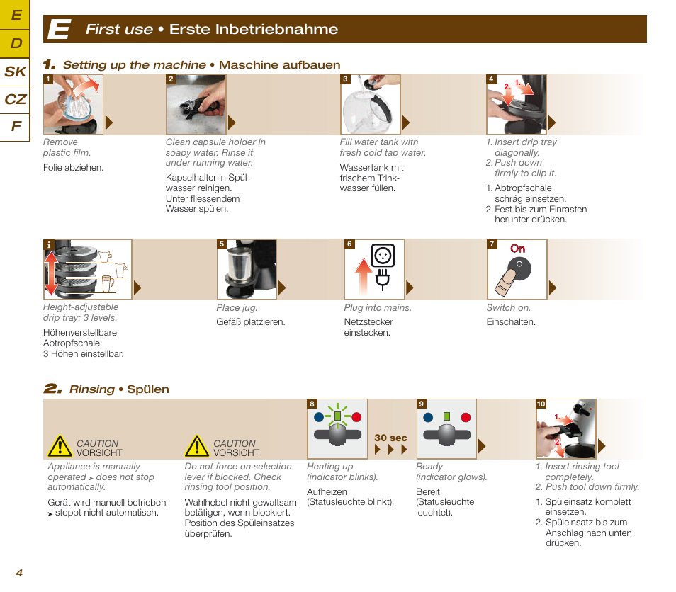 Cz e d sk f, First use • erste inbetriebnahme | Krups KP 200620 NESCAFE DOLCE GUSTO User Manual | Page 6 / 44