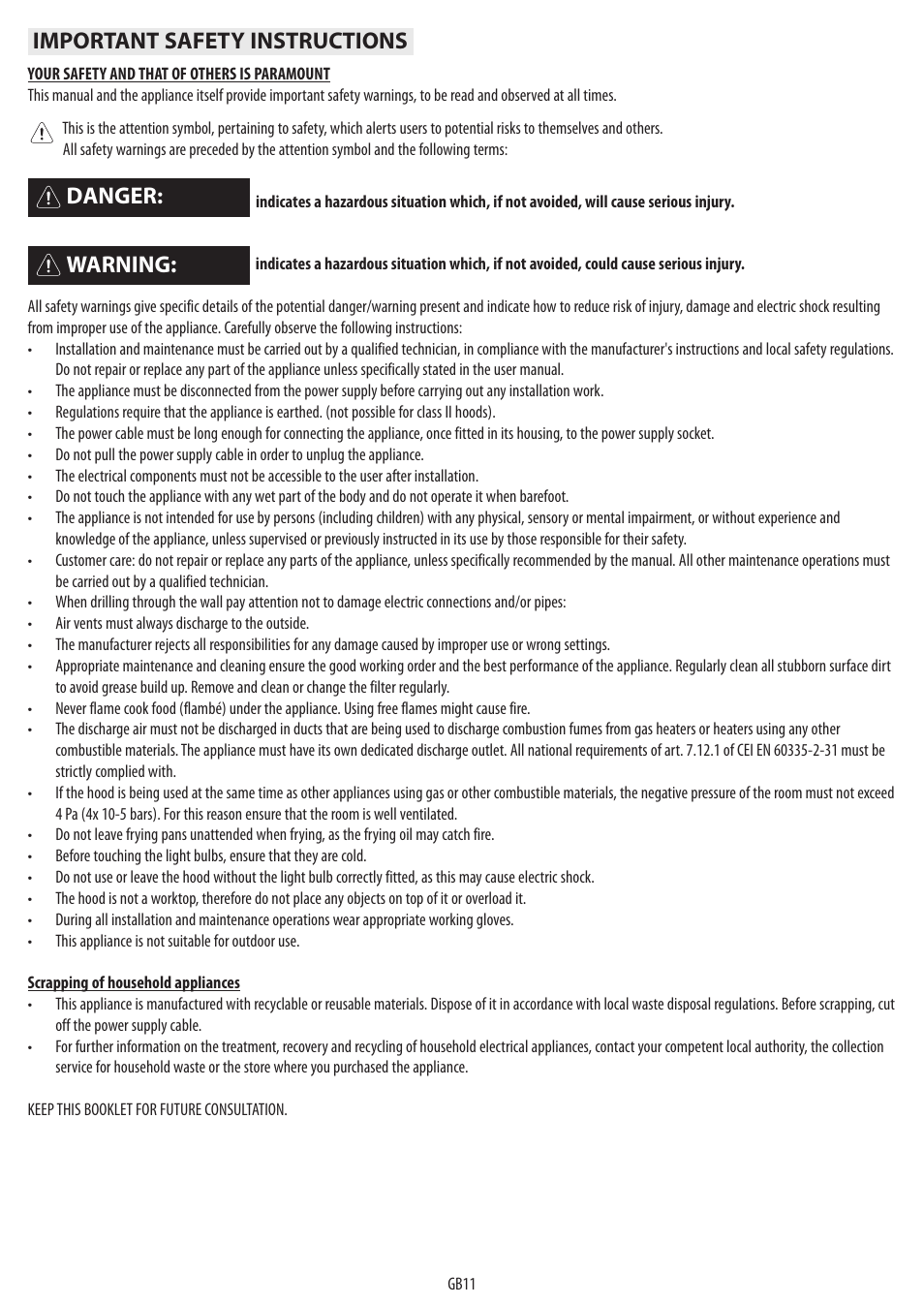 Important safety instructions, Warning: danger | BAUKNECHT DST 6460 ES User Manual | Page 13 / 84